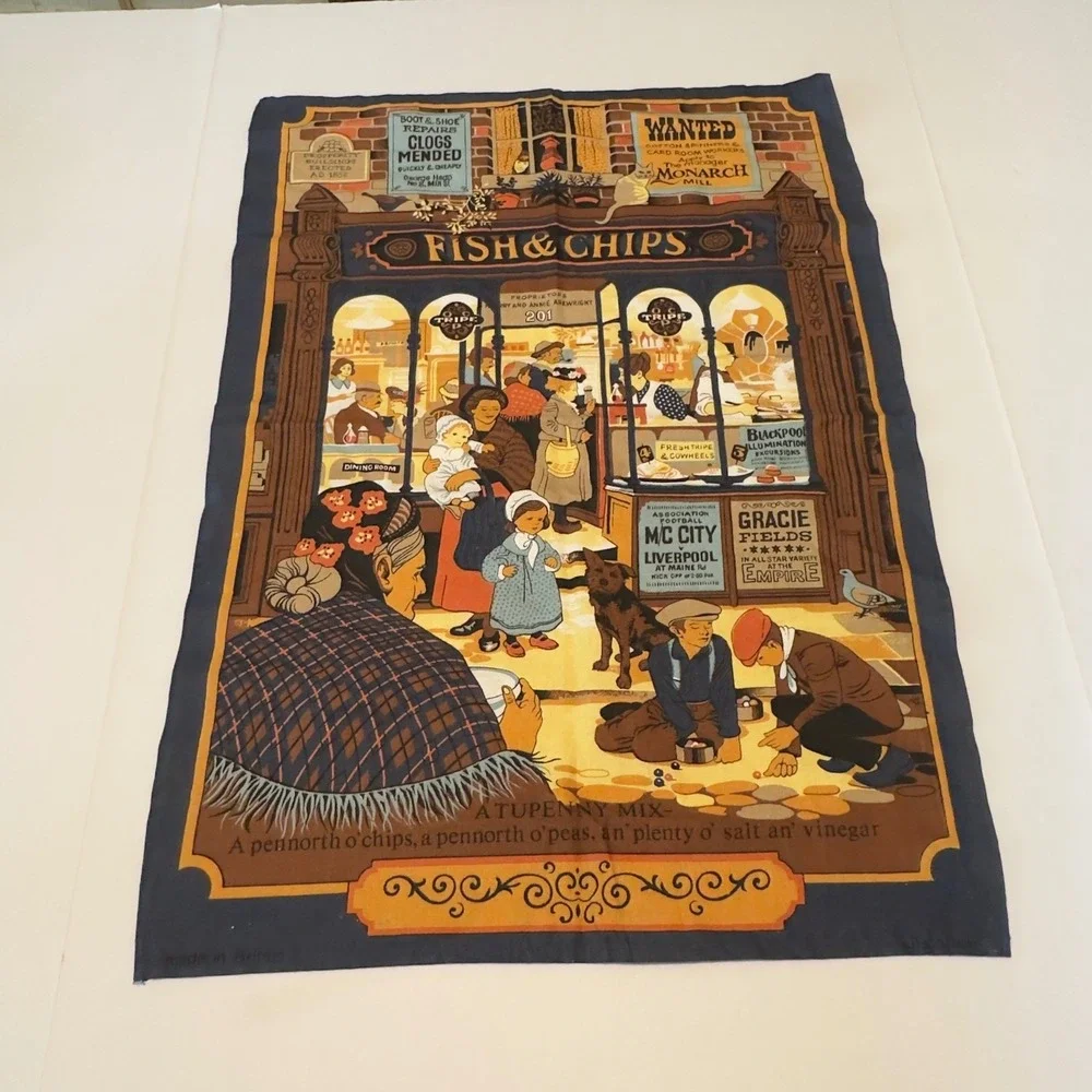 Vintage Fish and Chips British Tea Towel All Cotton Made in Britain 19.5x27.5